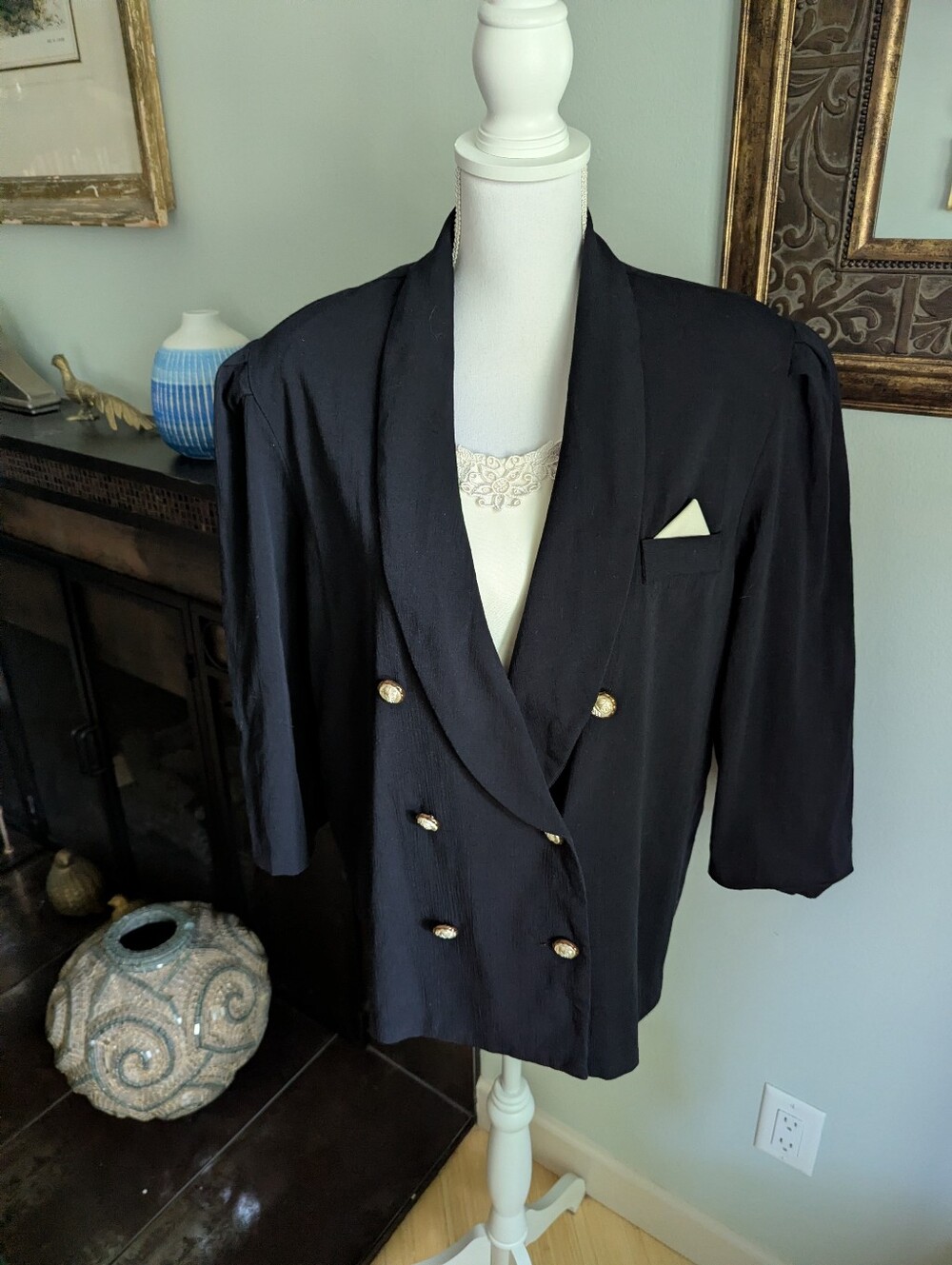 VTG 80s Black Blazer Jacket Large Rose Shape Buttons Lace Insert 3/4 Sleeve